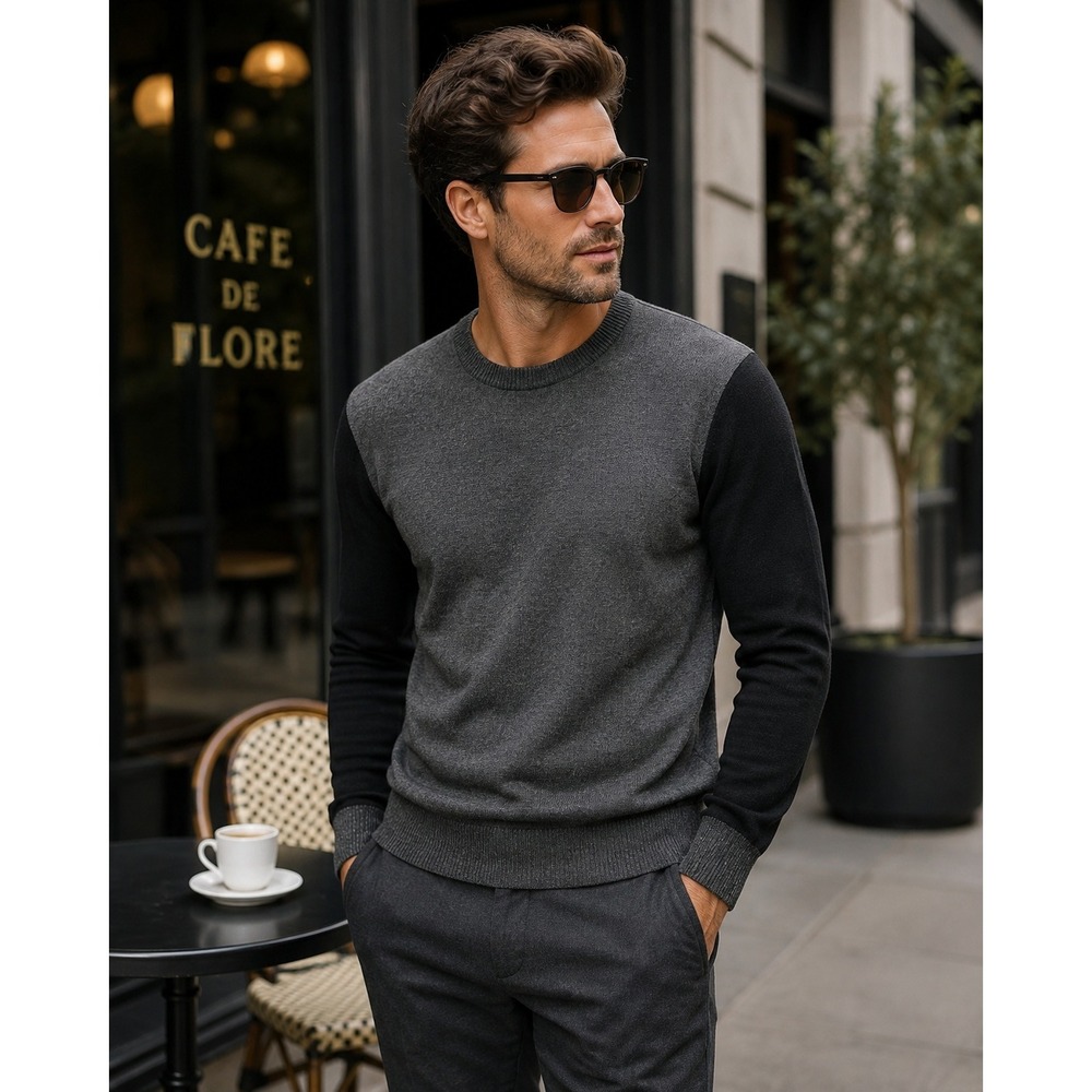 Vince 100% Wool Crewneck Sweater Men's Large Gray Black Colorblock Knit